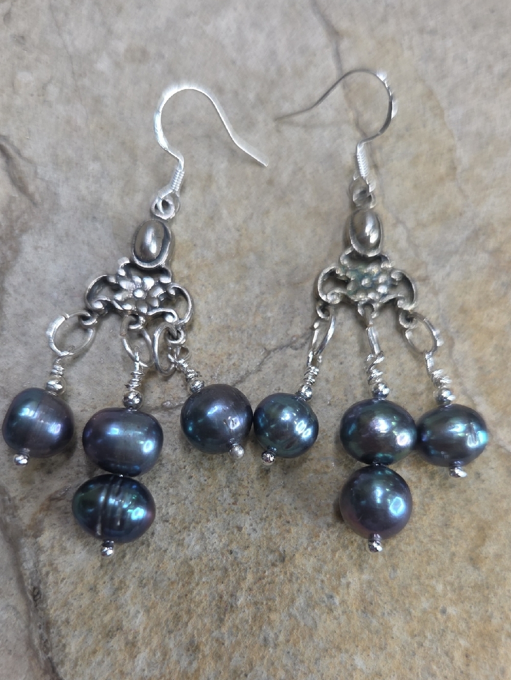 925 Sterling Silver Black Pearl Dangle Earrings Handmade